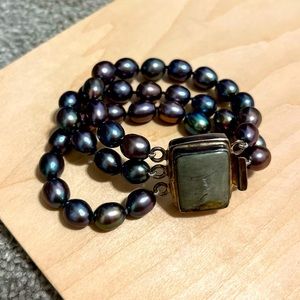 Three Strand Tahitian Black/Purple Pearl Bracelet with Clasp Closure